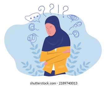 Muslim woman suffers from obsessive thoughts; headache; unresolved issues; psychological trauma; depression.Mental stress panic mind disorder illustration Flat vector illustration.