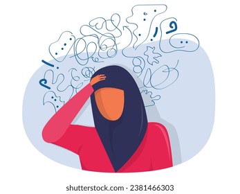 Muslim woman suffers from obsessive thoughts; headache; unresolved issues; psychological trauma; depression.Mental stress panic mind disorder illustration Flat vector illustration