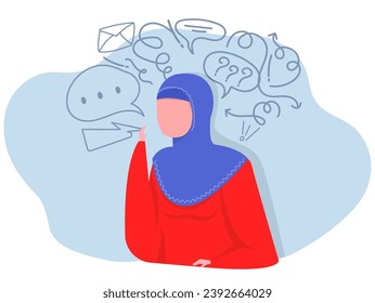 Muslim woman suffers from obsessive thoughts; headache; unresolved issues; psychological trauma; depression.Mental stress panic mind disorder illustration Flat vector