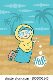 Muslim woman with a suitcase on the background of the desert