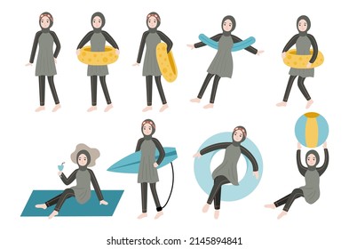 Muslim woman swimming illustration in different pose collection 