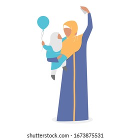 Muslim woman taking selfie. Arabic character taking photo of herself. Isolated vector illustration