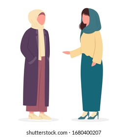 Muslim woman talk to each other. Arabian business woman wearing traditional clothes. Woman wearing hijab. Islam religion. Isolated vector illustration