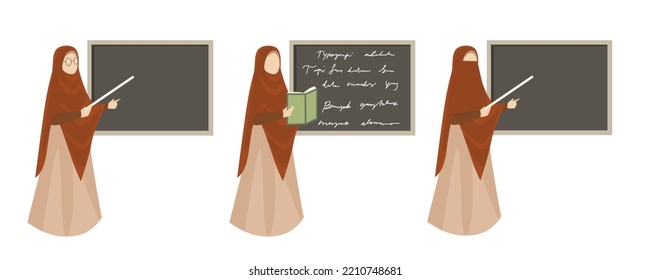 Muslim woman teacher with hijab is pointing to classroom's writing board to teach student in school
