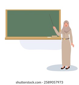 muslim woman teacher in thai uniform pointing at blackboard in classroom setting teaching students