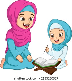 Muslim woman teaching his daughter read Quran