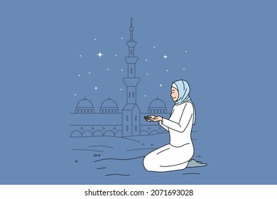 Muslim woman in tradition clothes pray near mosque. Religious Islamic girl in hijab with hands in prayer show faith and religion. Ramadan kareem, tradition concept. Flat vector illustration. 