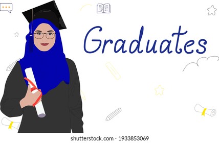 Muslim woman in traditional dress is a graduate. Women's rights to education. Banner, greeting card, poster 