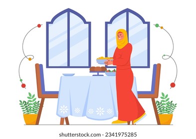 Muslim woman with traditional food. Young girl in red dress with yellow hijab. Islam and arabic culture. Character prepare for religious celebration, festival. Cartoon flat vector illustration