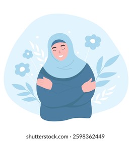 Muslim woman treats herself with love. Mental health and positive attitude of a woman in hijab. Vector flat graphics.