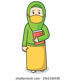 Muslimische Frauen verwenden grünes Kleid traditionellen Muslim. bringen Sie al quran heiligen Buch in ramadan Monat, mit Maske und gesundes Protokoll.Vector Charaktergrafik.