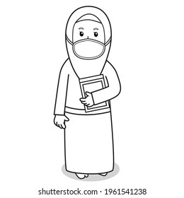 Muslim Woman use green dress traditional muslim. bring al quran holy book in ramadan month, using mask and healthy protocol.Character illustration.