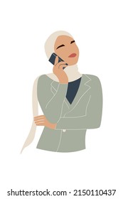 Muslim woman uses a phone. Hijab girl talks on smartphone. Modern vector illustration isolated on white background.