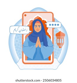 Muslim woman using a smartphone. Saying Ramadan greetings on the cellphone screen. Ramadan Kareem concept. Flat vector illustration.