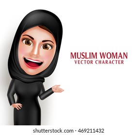 Muslim woman vector character presenting in empty white space with friendly beautiful smile wearing hijab and islamic clothing standing in white background. Vector illustration.