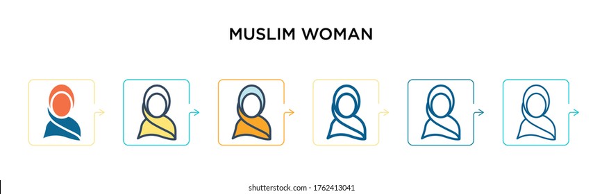 Muslim woman vector icon in 6 different modern styles. Black, two colored muslim woman icons designed in filled, outline, line and stroke style. Vector illustration can be used for web, mobile, ui