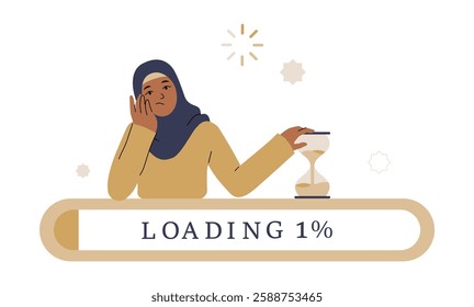 Muslim Woman Waiting With Hourglass And Loading Bar In Flat Vector Illustration Symbolizing Patience, Time Management, And Slow Progress, Isolated On White Background