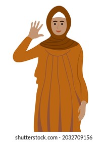 Сheerful Muslim woman waving hello. Greeting gesture. Smiling girl in in the national Muslim clothes makes a greeting gesture. Character wave their hand. Flat design vector illustration isolated.