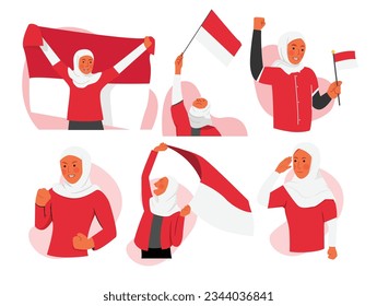 Muslim woman wear hijab celebrating indonesia independence day illustration pack