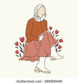 Muslim Woman Wearing Autumn Look Outfit in Simple Minimal Line Art Style perfect for Wallpaper, Social Media Templates related business. Female Hijab Autumn Holiday Fashion Poses Hand Drawn.