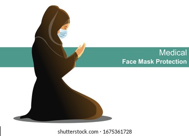 Muslim woman wearing black chador dress traditional with hijab and rosary, raising hand to praying and Wearing medical face mask protection COVID-19 or Coronavirus outbreak concept Vector Illustration