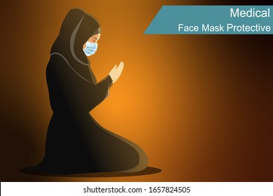 Muslim woman wearing chador dress traditional with hijab and rosary, raising hand praying and Wearing medical face mask protection COVID-19 or Coronavirus outbreak concept Vector Illustration