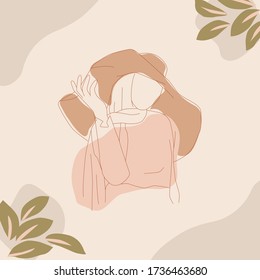 Muslim Woman Wearing Hat and Hijab for Summer Fashion Look in Simple Minimal Line Art Style perfect for Logo, Social Media Template related business. Arabian Tourist Summer Beach Vacation Concept.