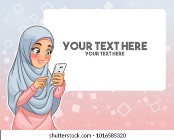 Muslim woman wearing headscarf hijab hand touching a smart phone by pointing with her finger cartoon character design, against blue pink background, vector illustration.