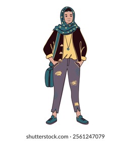 Muslim woman wearing a headscarf and modern outfit including jeans, jacket and bag. She is holding a backpack and a handbag. Street fashion flat hand drawn illustration.