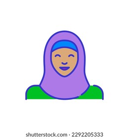 Mujer musulmana con hijab. Estilo de dibujos animados de color negrita icono simplista minimalista para marketing y marca