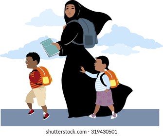 Muslim woman, wearing hijab, bringing her son and daughter to school, carrying a backpack and textbooks, EPS 8 vector illustration