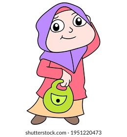Muslim woman wearing a hijab carrying a shopping bag, vector illustration art. doodle icon image kawaii.