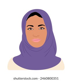 Mujer musulmana usando hijab, avatar con retrato facial. Atractiva dama árabe, personaje femenino de dibujos animados. Ilustración vectorial colorida plana aislada sobre fondo blanco. Hecho a mano, no AI