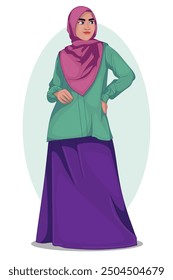 A Muslim woman wearing a hijab. A full-body portrait of a young Arab girl in traditional attire.