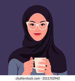 A muslim woman wearing a hijab is holding a cup of coffee in her hands. A cozy home and office. Vector flat illustration