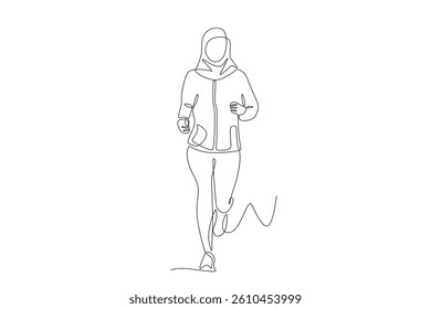 Muslim woman wearing hijab jogging. Hijabi jogging concept one-line drawing