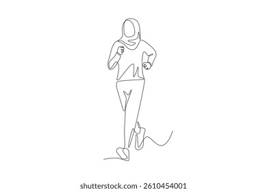 Muslim woman wearing hijab jogging. Hijabi jogging concept one-line drawing