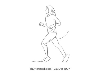 Muslim woman wearing hijab jogging. Hijabi jogging concept one-line drawing