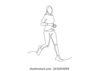 Muslim woman wearing hijab jogging. Hijabi jogging concept one-line drawing
