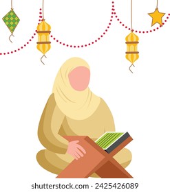 Muslim woman wearing hijab and reciting the Quran Concept,Arab Girl seeks spiritual nourishment Vector Design, Eid al-Adha Eid-ul-Kabir Symbol, Hajj Sign, Muslims religious Festival Stock illustration