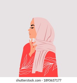 Muslim woman wearing hijab side profile with thinking hand pose. International women's day clip art. Flat style vector design.