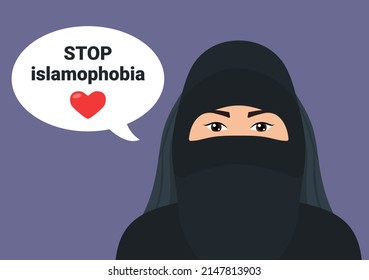 Muslim woman wearing hijab. Stop islamophobia text