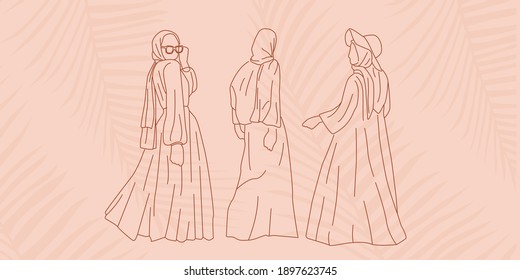 Muslim Woman Wearing Hijab for Summer Fashion Look in Simple Minimal Line Art Style perfect for Cards, Social Media Template related business. Female Muslim Summer Beach Holiday Vacation Concept.