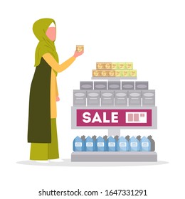 Muslim woman wearing a hijab and traditional arabian clothes walking with shopping basket in supermarket. Character bying food in the store. Isolated flat vector illustration