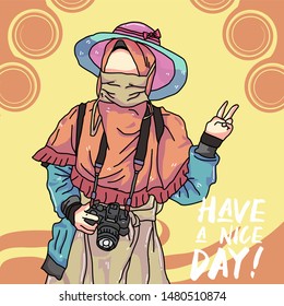 Muslim woman wearing hijab veil holding a camera  cartoon character design. against yellow background, beautiful vector illustration.