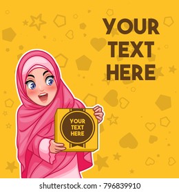 Muslim woman wearing hijab veil holding a box with text space cartoon character design, against yellow background, vector illustration.