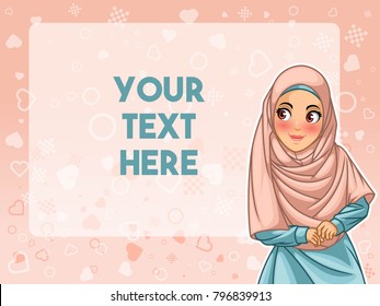 Muslim woman wearing hijab veil face looking an advertising, against pink background, vector illustration.