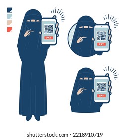 A muslim woman wearing a niqab with cashless payment on smartphone images.It's vector art so it's easy to edit.