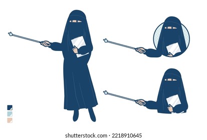 A muslim woman wearing a niqab with Explanation with a pointing stick images.It's vector art so it's easy to edit.