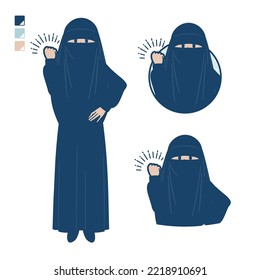 Eine Muschelfrau, die einen Niqab mit Bildern von der ersten Pumpe trägt. Es ist Vektorkunst, sodass es einfach zu bearbeiten ist.